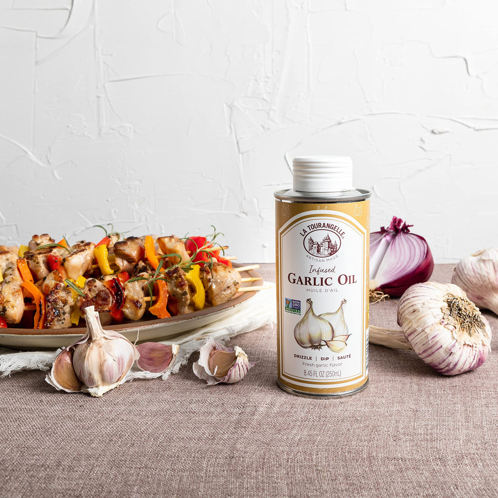 Garlic oil on salad dressing delivers bright, aromatic notes