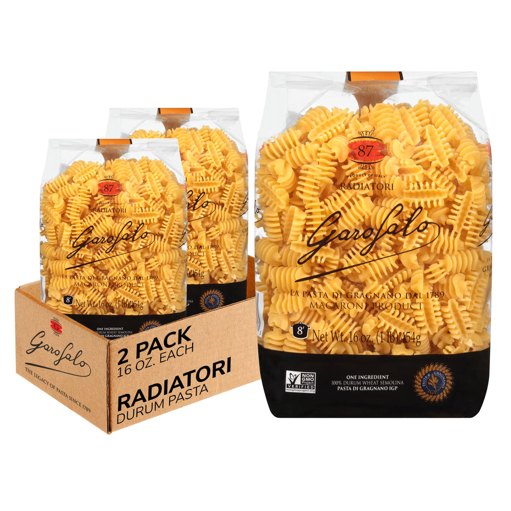 Garofalo Radiatori bronze-drawn pasta on plate ready to soak sauce