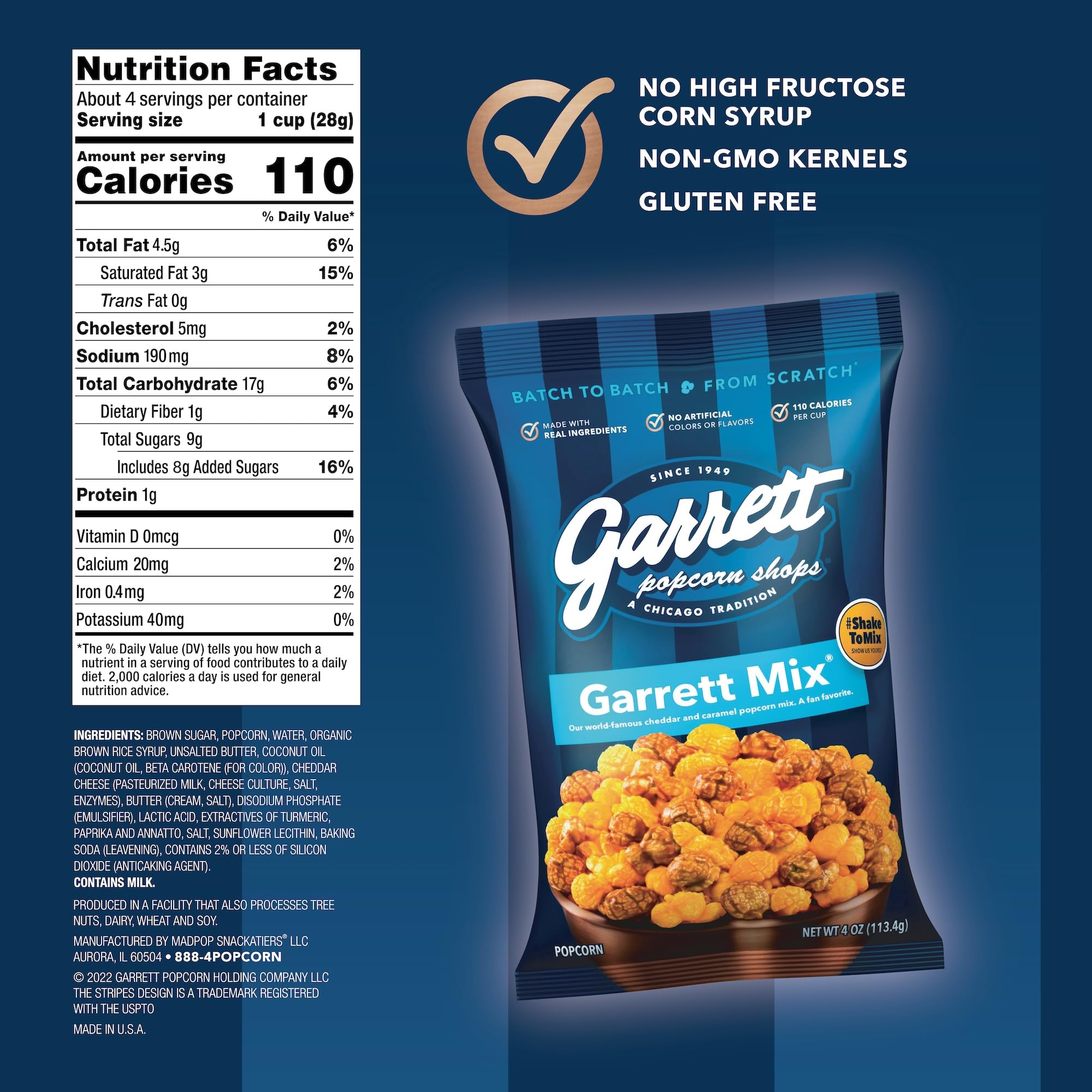 Garrett Popcorn Cheese and Caramel close-up for bold real-ingredient flavors.