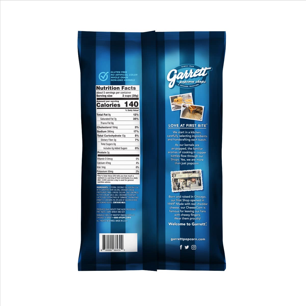 Garrett Popcorn Shops CheeseCorn bag closeup, highlighting rich cheese aroma for snacking.