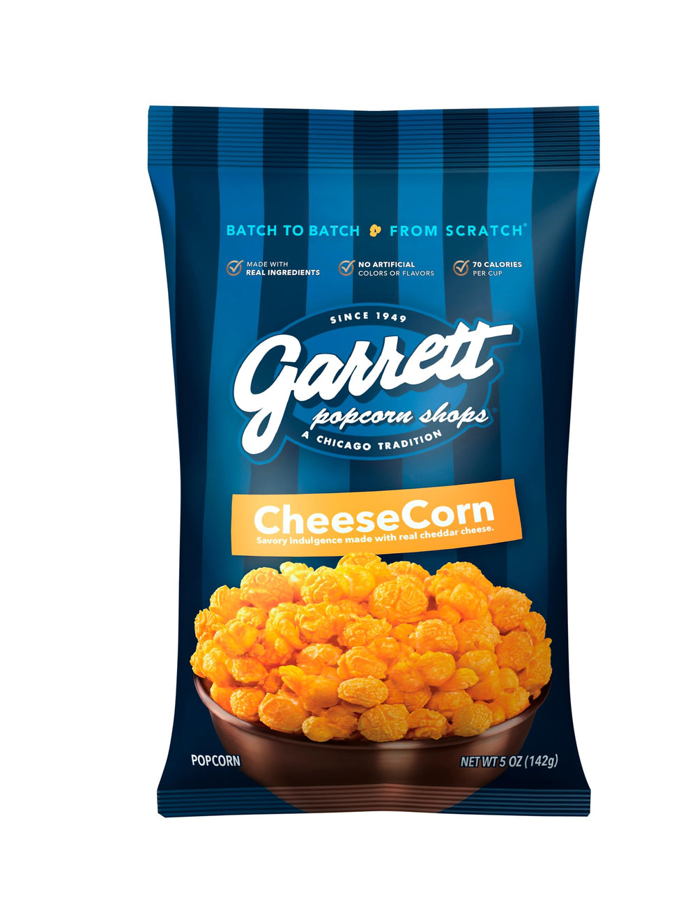 Garrett Popcorn Shops CheeseCorn bag for movie night, savory gluten-free snack.