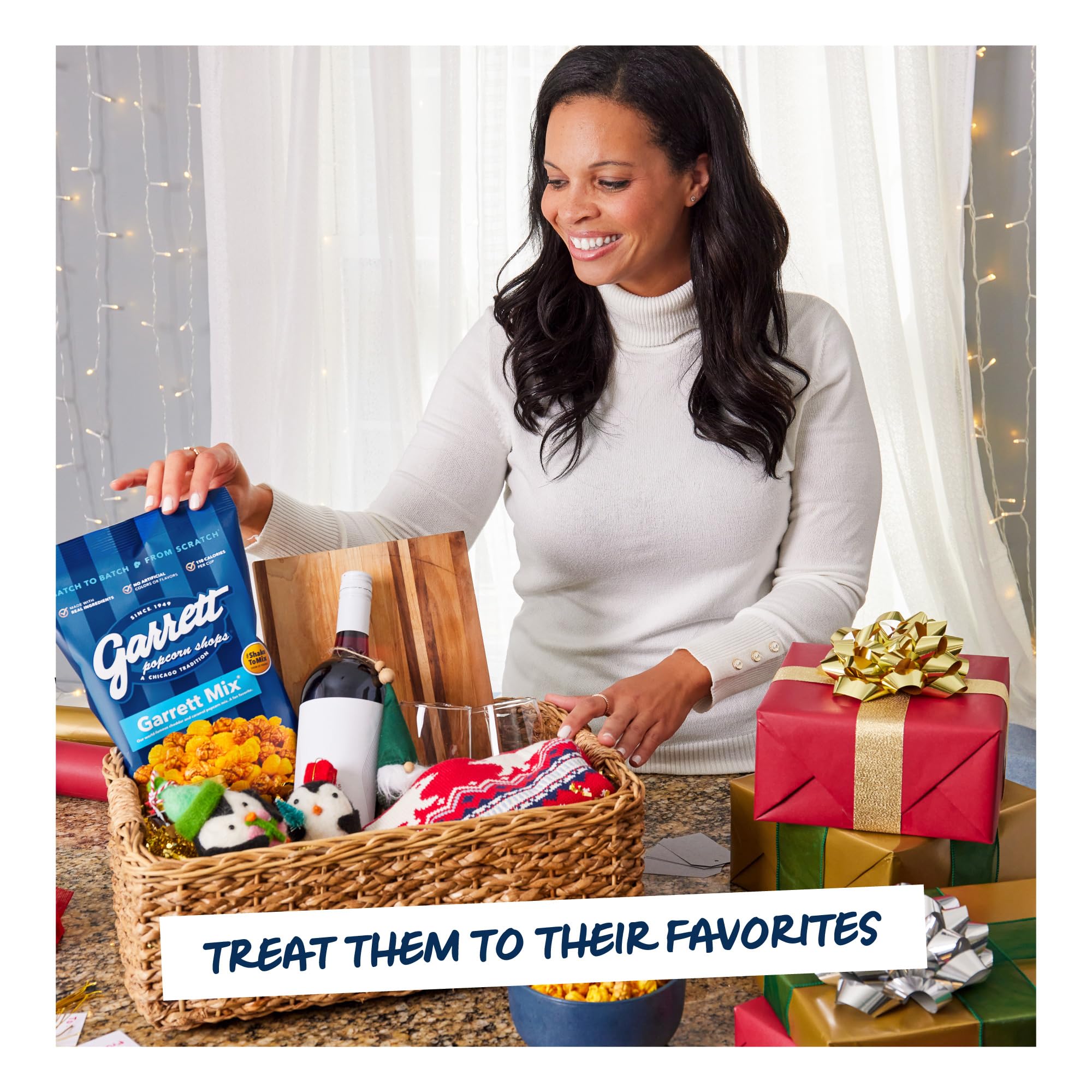 Garrett Popcorn Garrett Mix bag open with scooped popcorn for sharing.