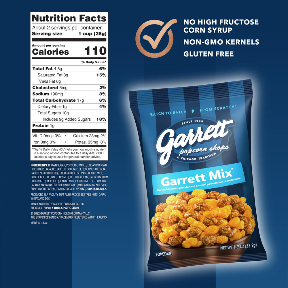 Garrett Popcorn Garrett Mix close-up shows cheese and caramel layers for a rich crunch.