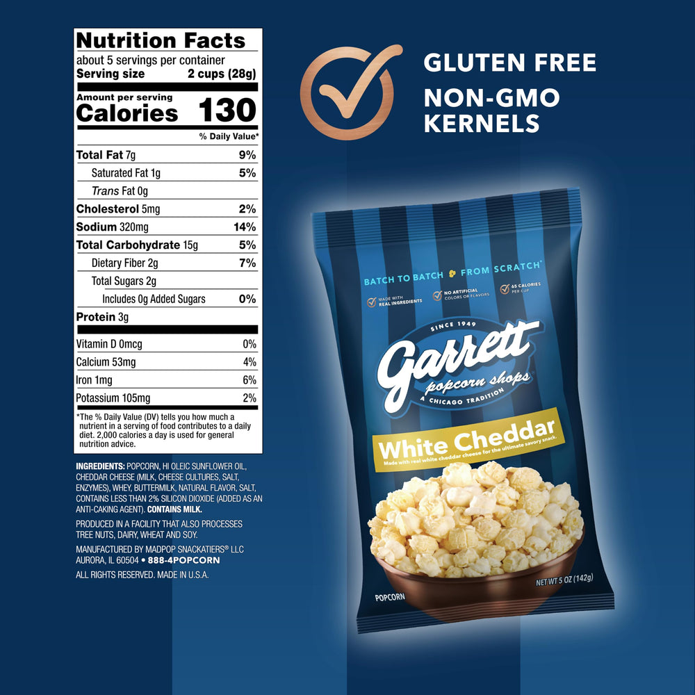 Close-up of Garrett Popcorn White Cheddar shows rich cheese and crunch.
