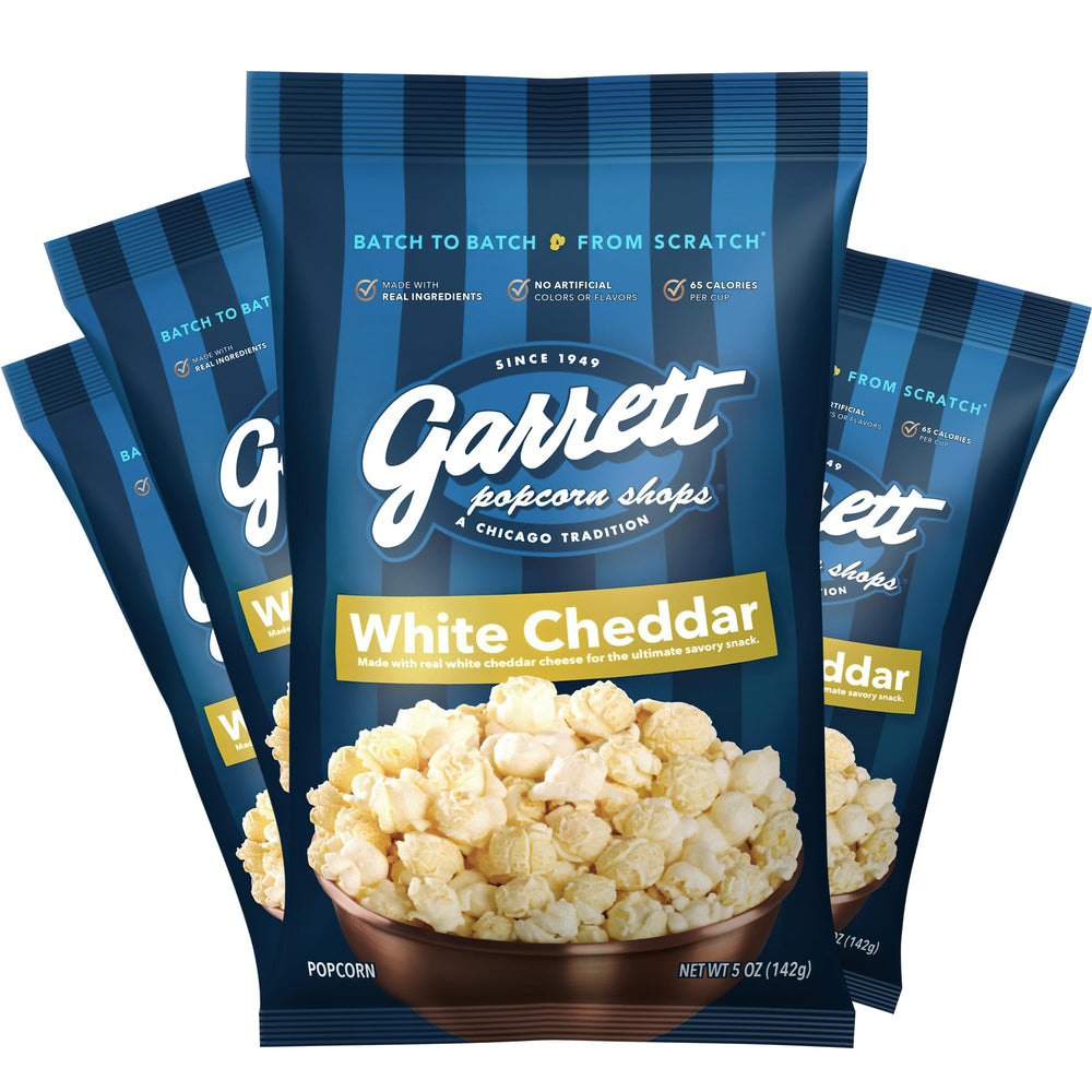 Garrett Popcorn White Cheddar 5oz bags ready to share as a savory snack.
