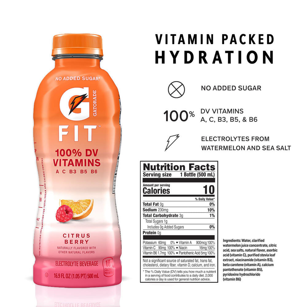 Gatorade Fit Citrus Berry label shows no added sugar