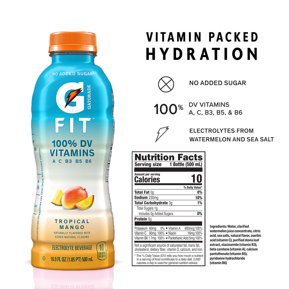 Gatorade Fit healthy real hydration bottle highlights zero artificial flavors.