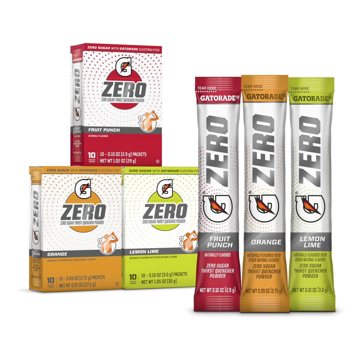 Gatorade G Zero Lemon Lime packet for zero-sugar hydration during workouts.