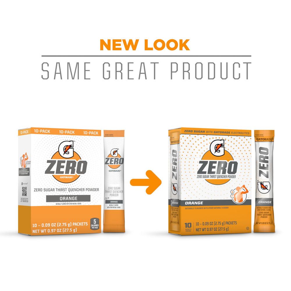 Close-up of Gatorade G Zero Orange packet highlighting convenient serving.