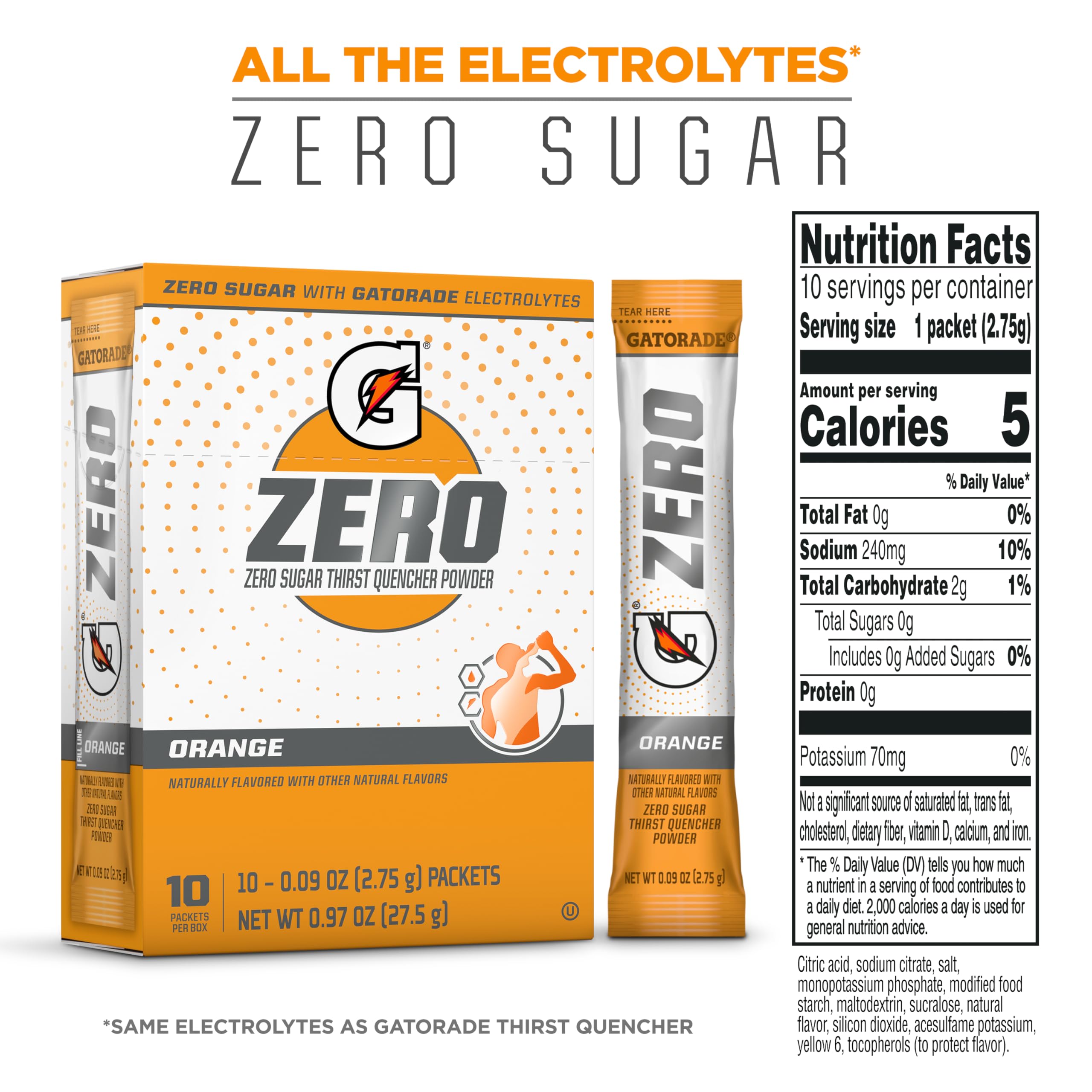 Gatorade G Zero Orange packets visible inside the box for on-the-go hydration.