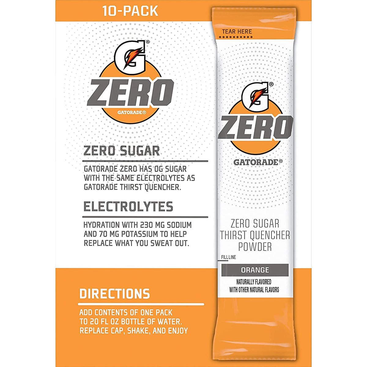 Gatorade G Zero orange powder sticks packaging for zero-sugar hydration on the go