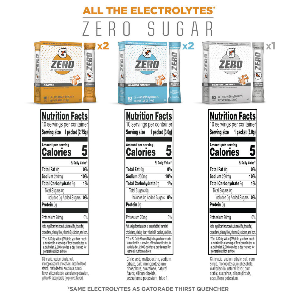Gatorade G Zero Powder 50 sticks pack close-up showing three flavors