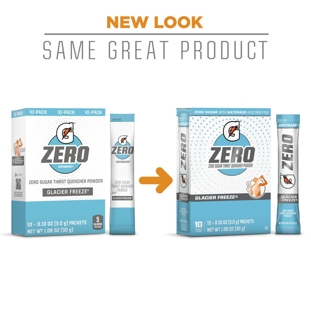 Gatorade G Zero powder glacier freeze packet beside a cold glass for refreshing recovery