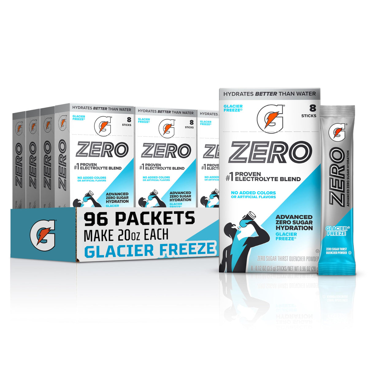 Gatorade front packaging showing Glacier Freeze and serving count, clear labeling benefit