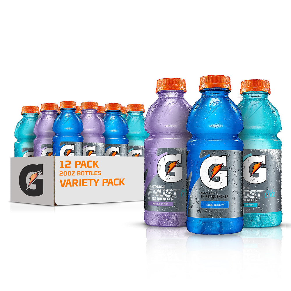 Gatorade Frost variety pack bottles ready for display, refreshing hydration during workouts