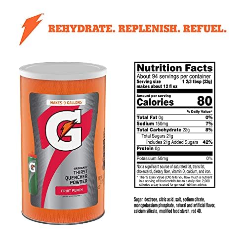 Close-up of Gatorade powder packaging showing 76.5-ounce size