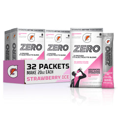 Gatorade front packaging showing 32 strawberry ice servings and convenience