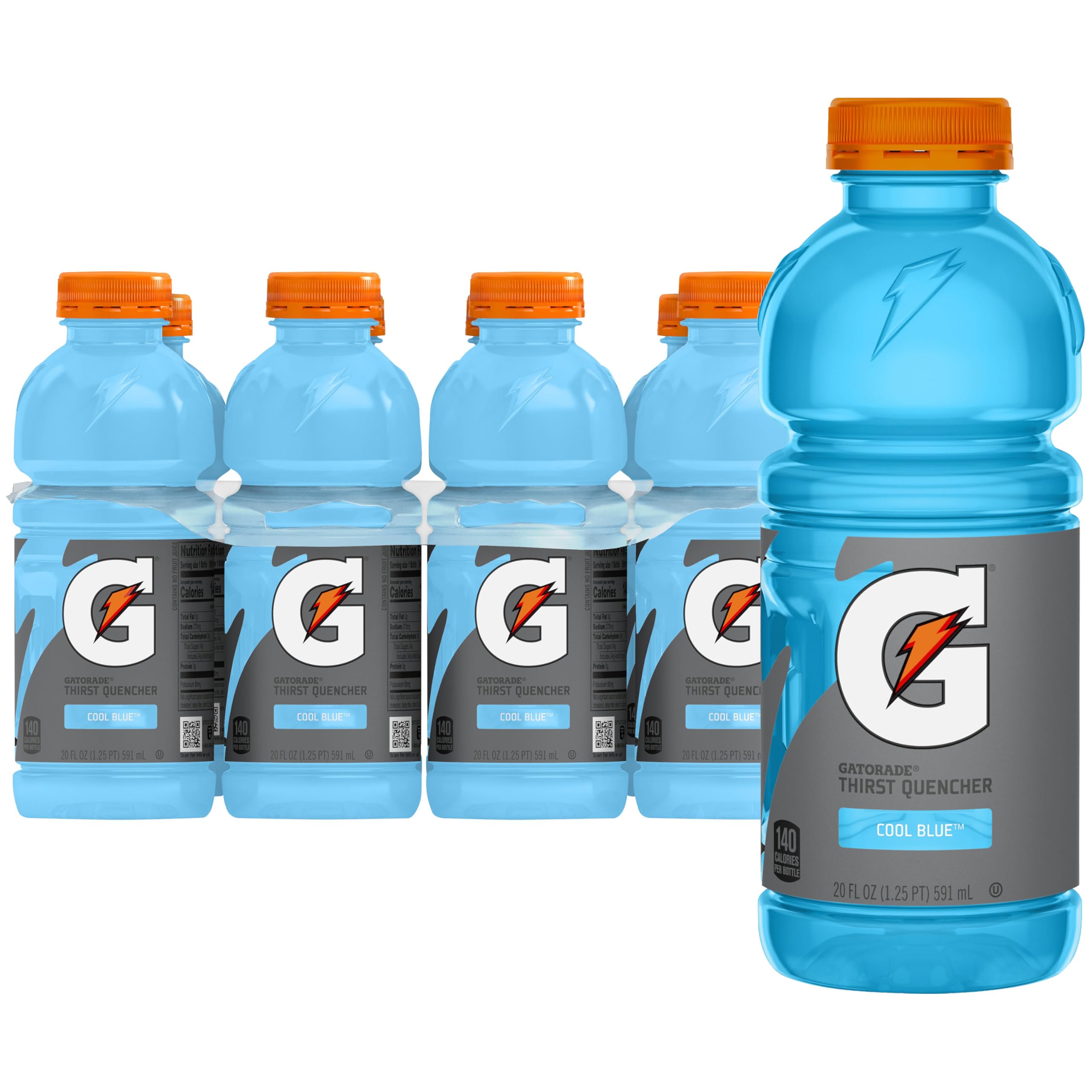 Gatorade Thirst Quencher Cool Blue 20 oz bottle front view for post-workout hydration.