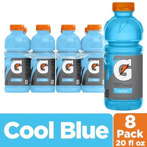Eight-pack of Gatorade Thirst Quencher Cool Blue 20 oz bottles on display front.