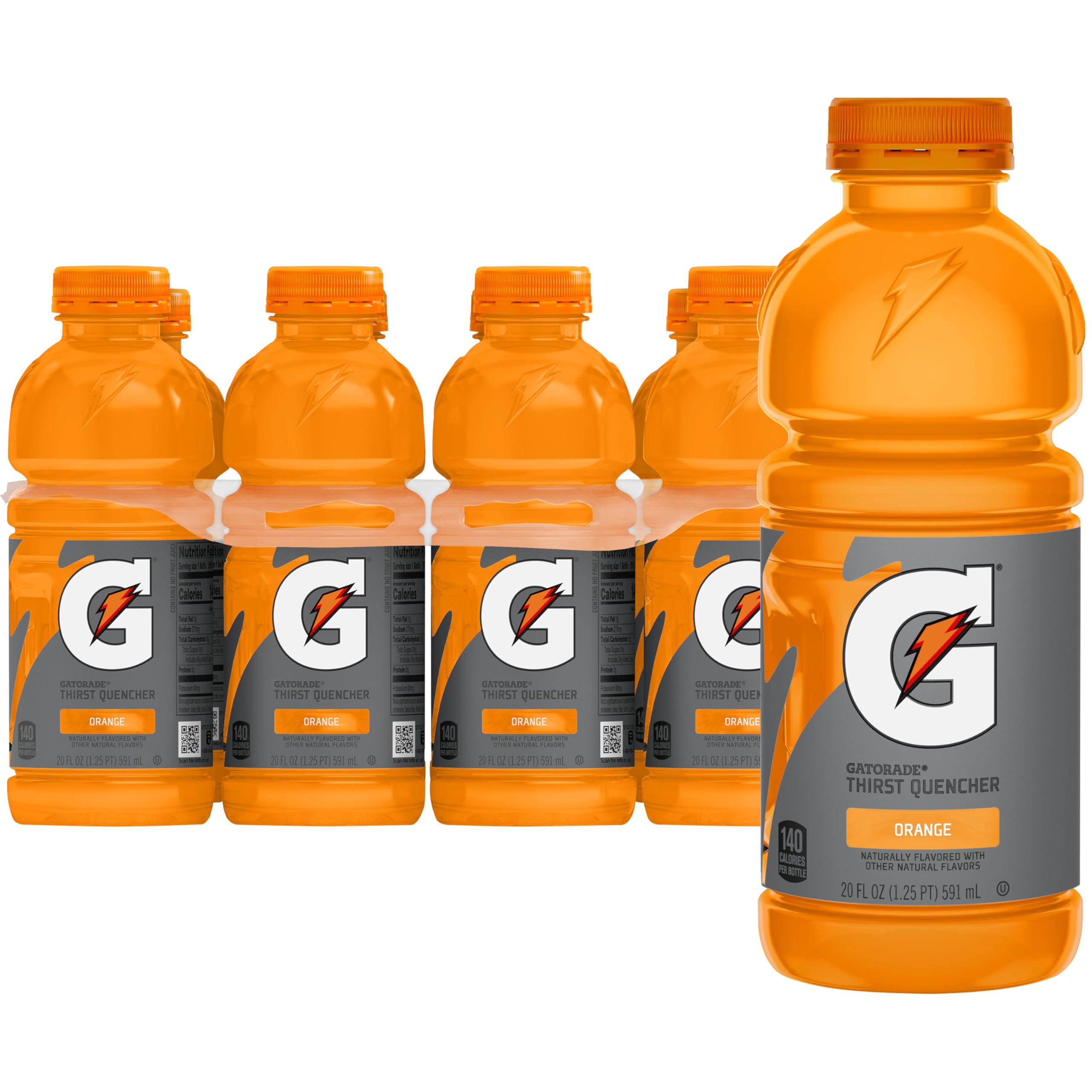 Gatorade Thirst Quencher orange 20oz bottle front, refreshing hydration for workouts.