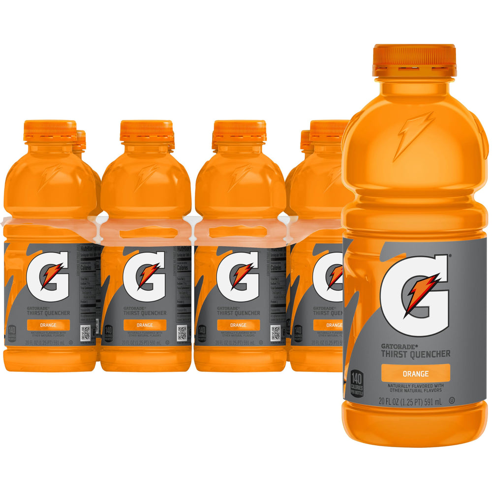 Gatorade Thirst Quencher orange 20oz bottle front, refreshing hydration for workouts.