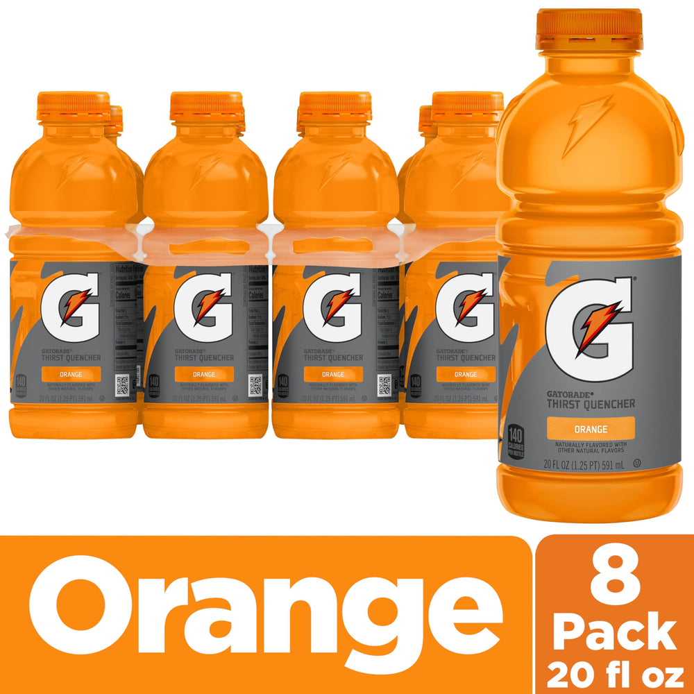 Gatorade Thirst Quencher orange 20oz bottle side, easy-to-grip hydration on the move.