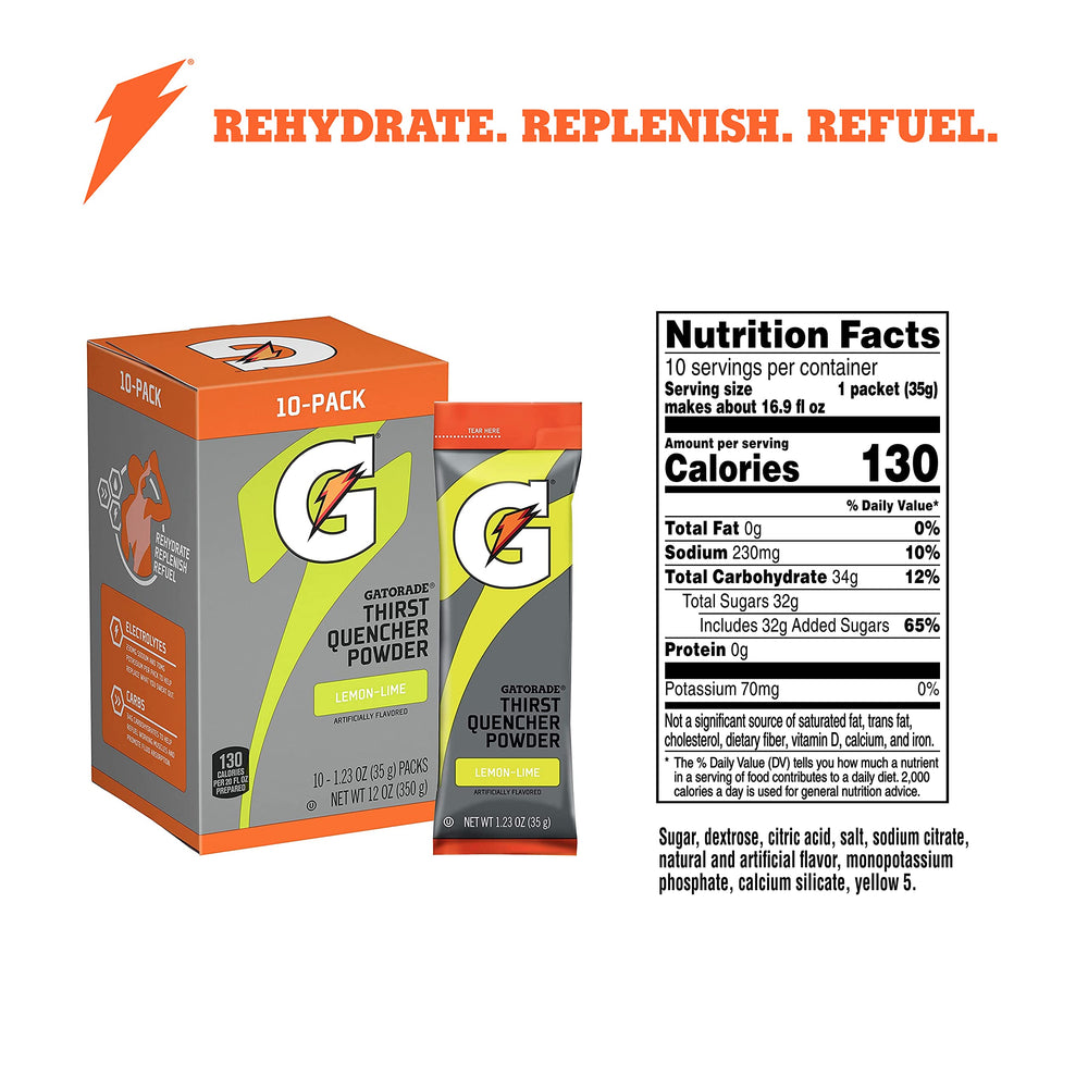 Gatorade Thirst Quencher Lemon Lime powder being stirred for quick electrolyte replenishment during activity.