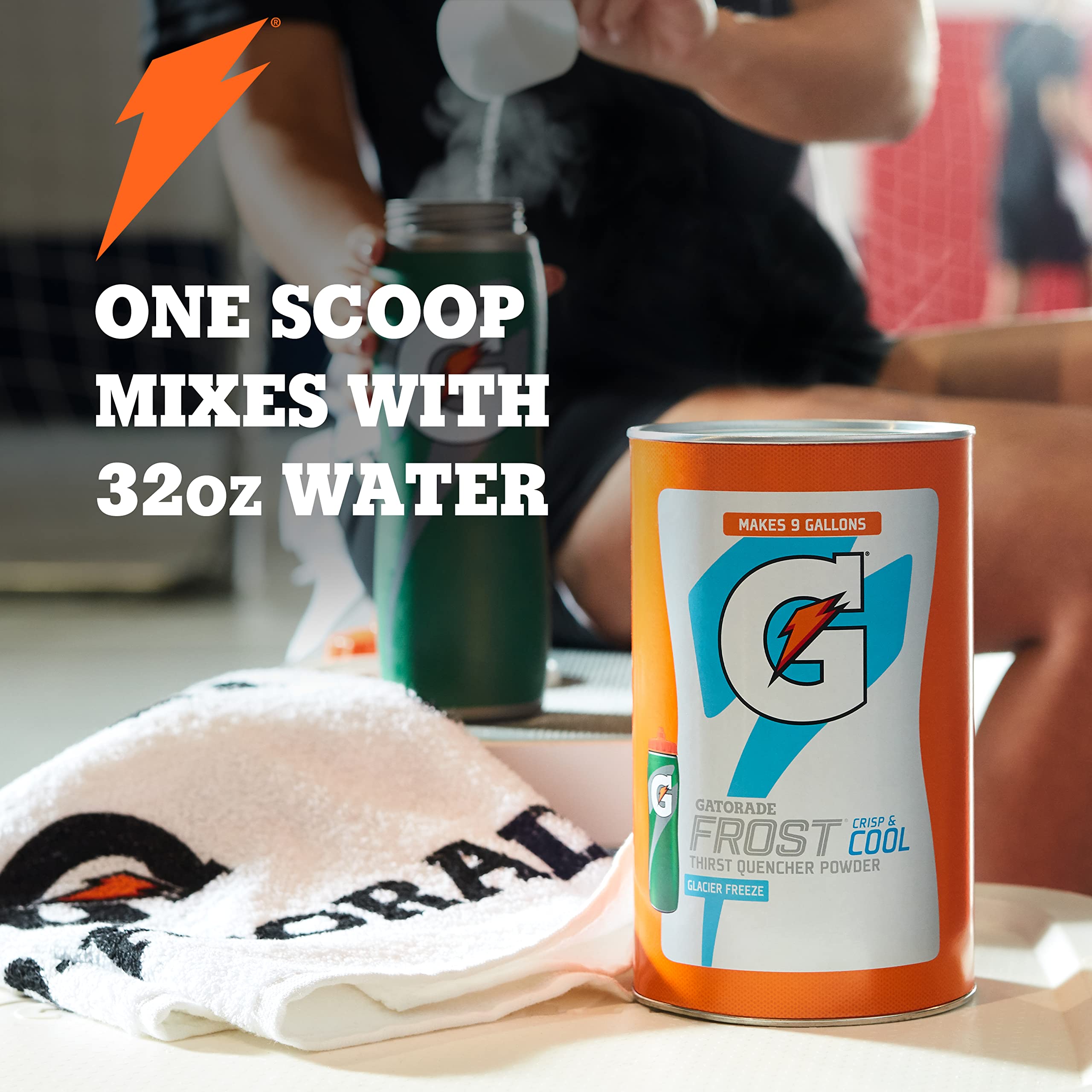 Orange-flavored powder dissolves quickly to refresh during workouts.