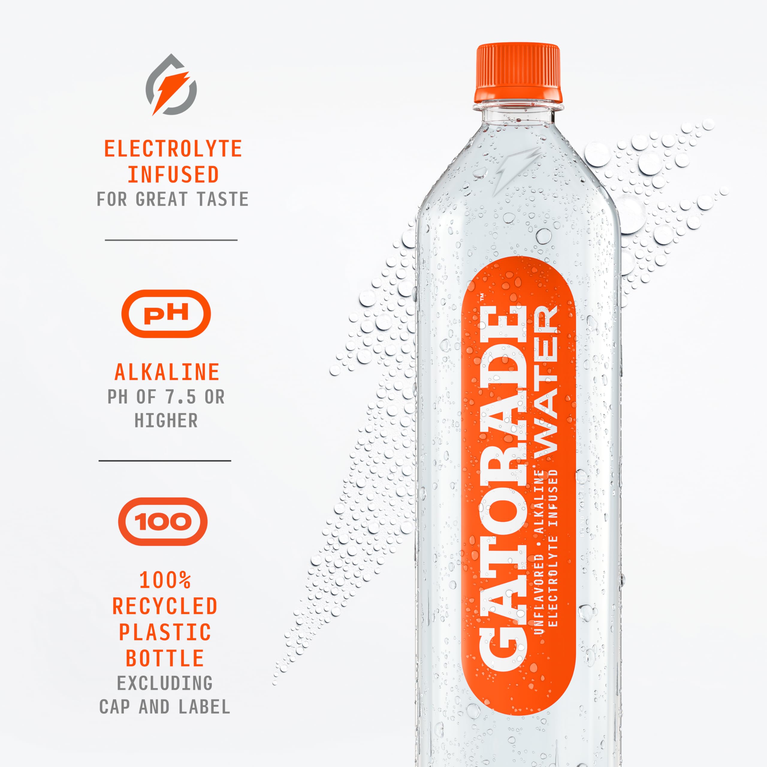 Gatorade Water electrolyte-infused balance bottle showing hydration benefits.