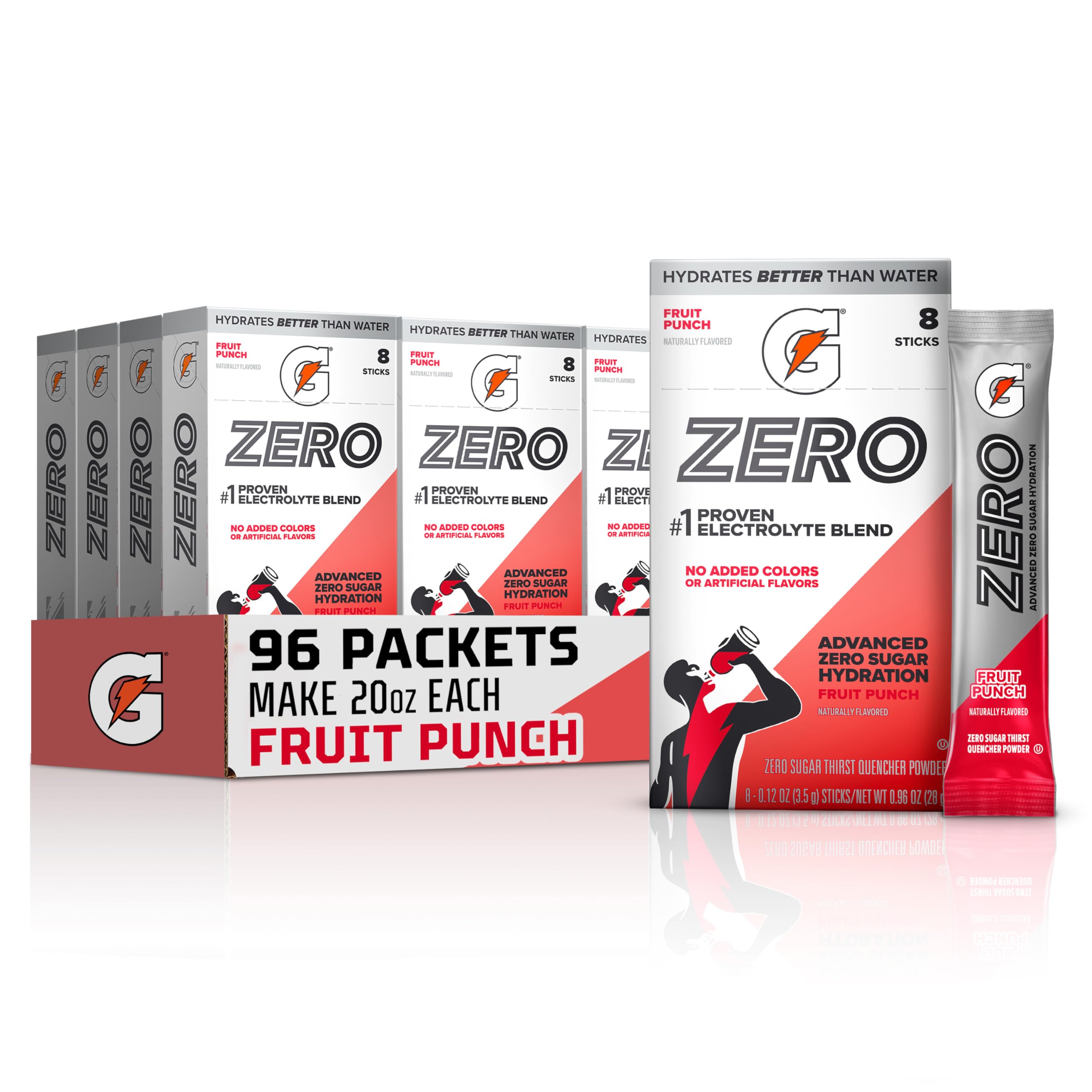 Gatorade Zero front packaging showing Fruit Punch and zero sugar benefit