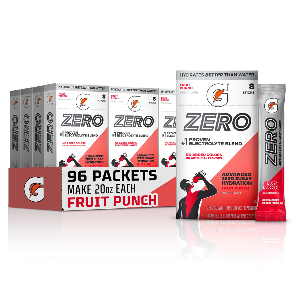 Gatorade Zero front packaging showing Fruit Punch and zero sugar benefit