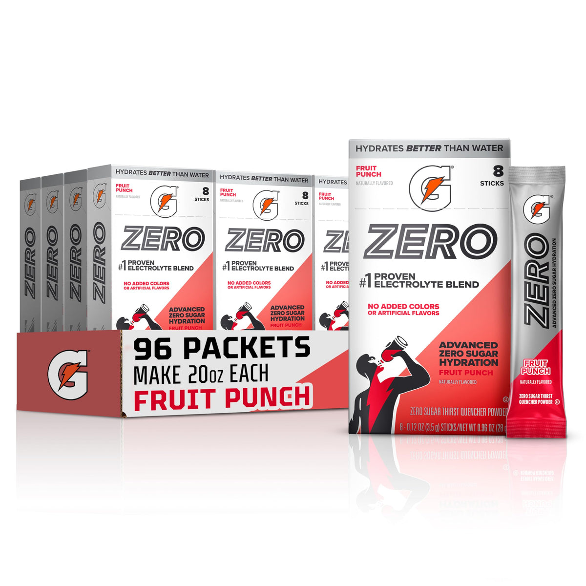 Gatorade Zero front packaging showing Fruit Punch and zero sugar benefit