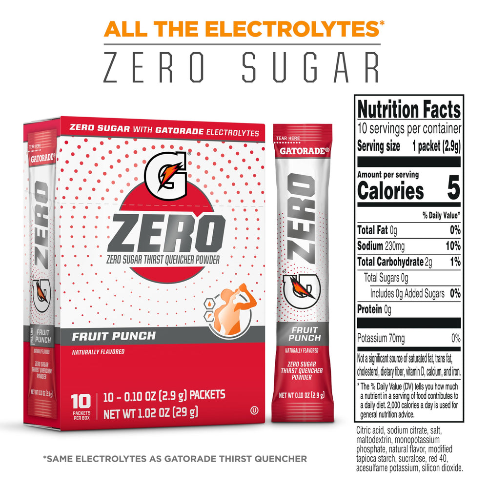 Gatorade Zero Fruit Punch glass with ice shows vibrant color and refreshment.