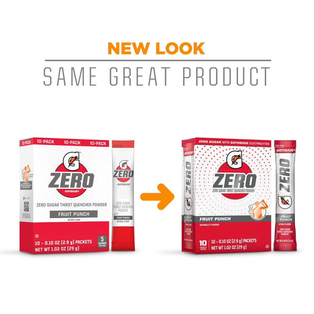 Gatorade Zero Fruit Punch packets inside box ready to mix for training.