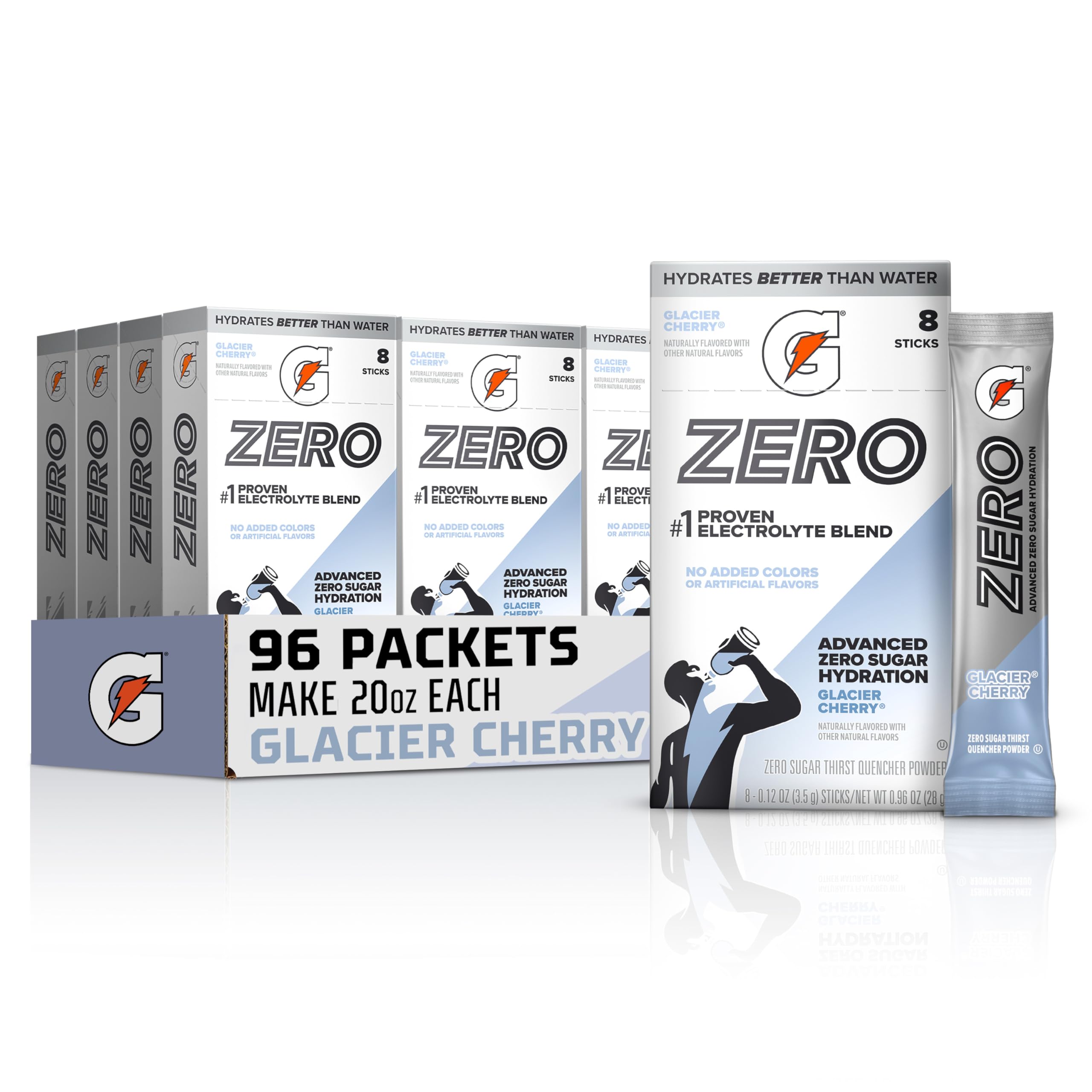 Gatorade front packaging showing Glacier Cherry and 96 sticks for convenient hydration