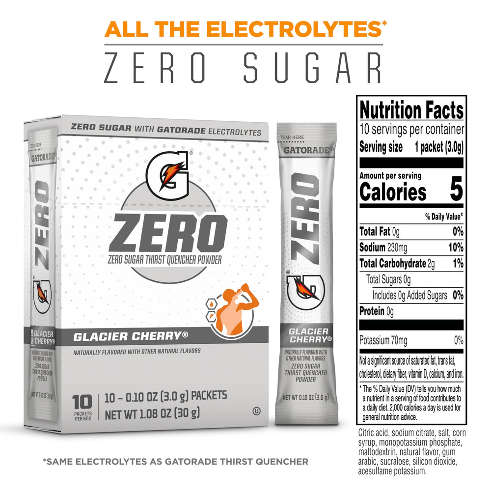 Gatorade G Zero Glacier Cherry bottle showing zero sugar hydration during workouts
