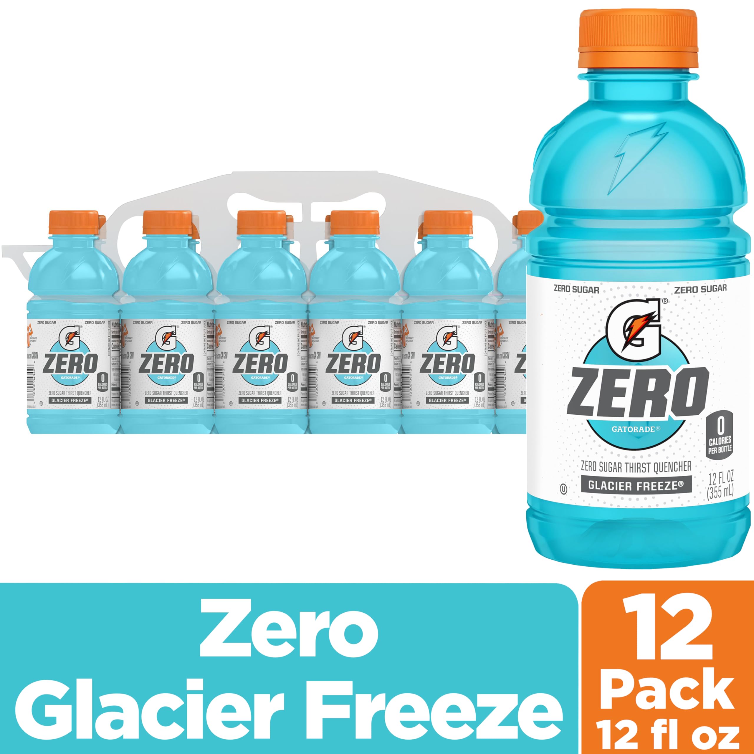 Gatorade Zero Glacier Freeze 12-pack on shelf for convenient zero-sugar hydration.