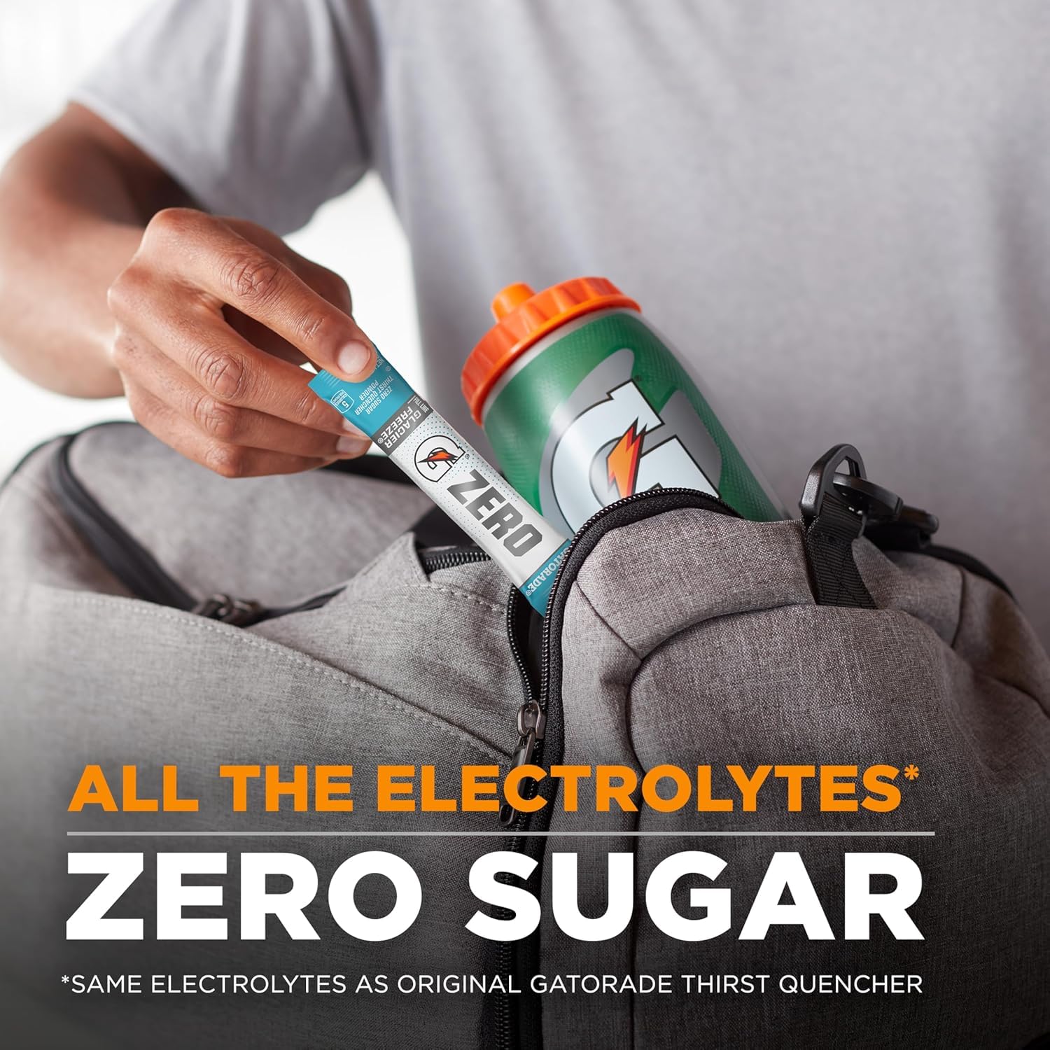 Gatorade G Zero Glacier Freeze bottle label highlighting zero sugar and electrolytes
