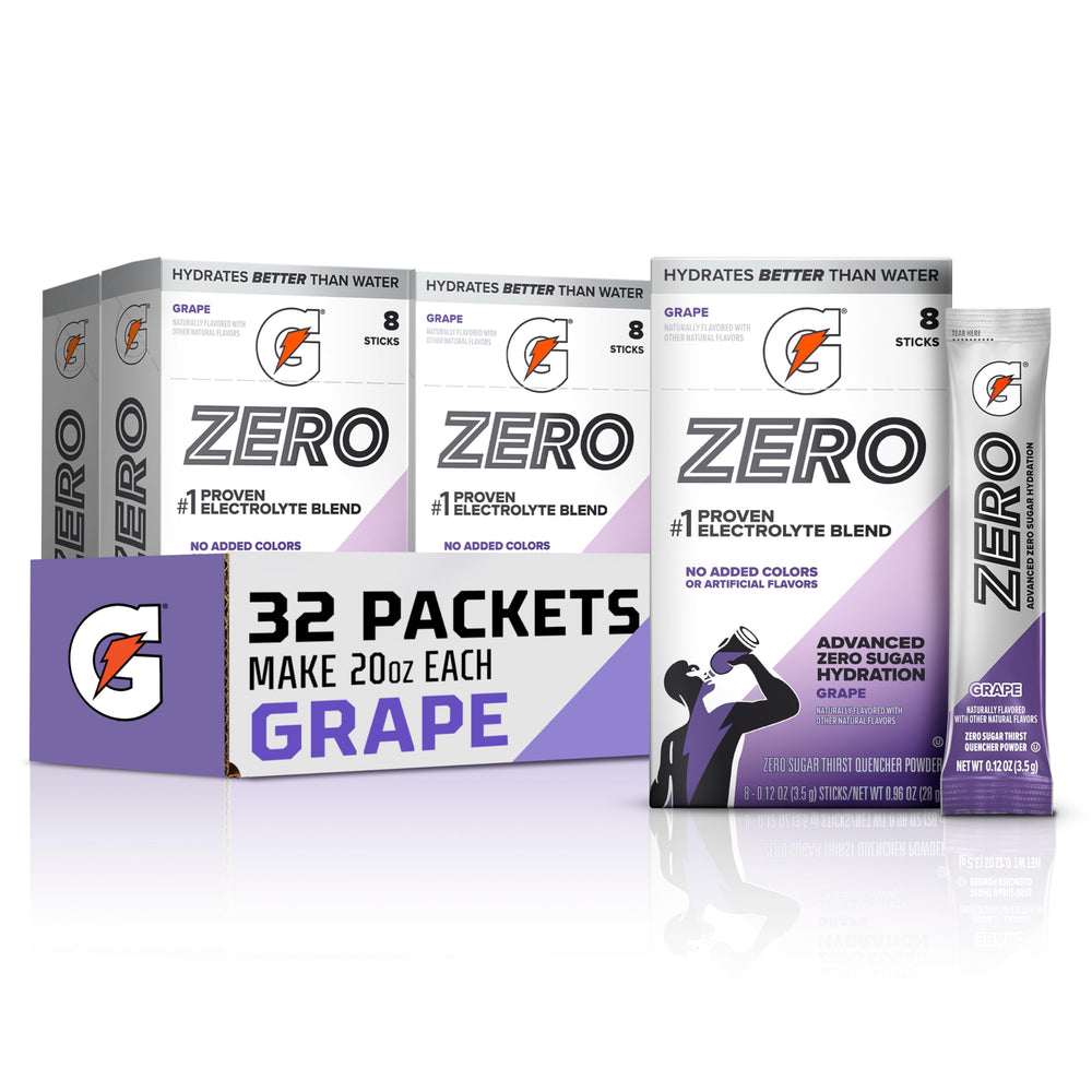 Gatorade front packaging showing grape powder sticks and servings benefit convenience