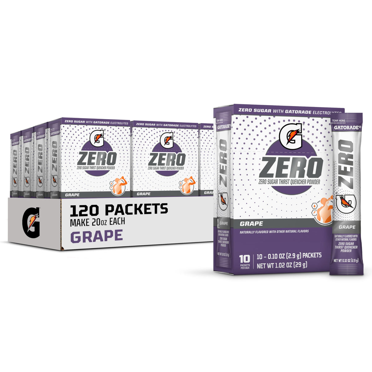 Gatorade G Zero grape packets ready to mix for hydration during workouts.