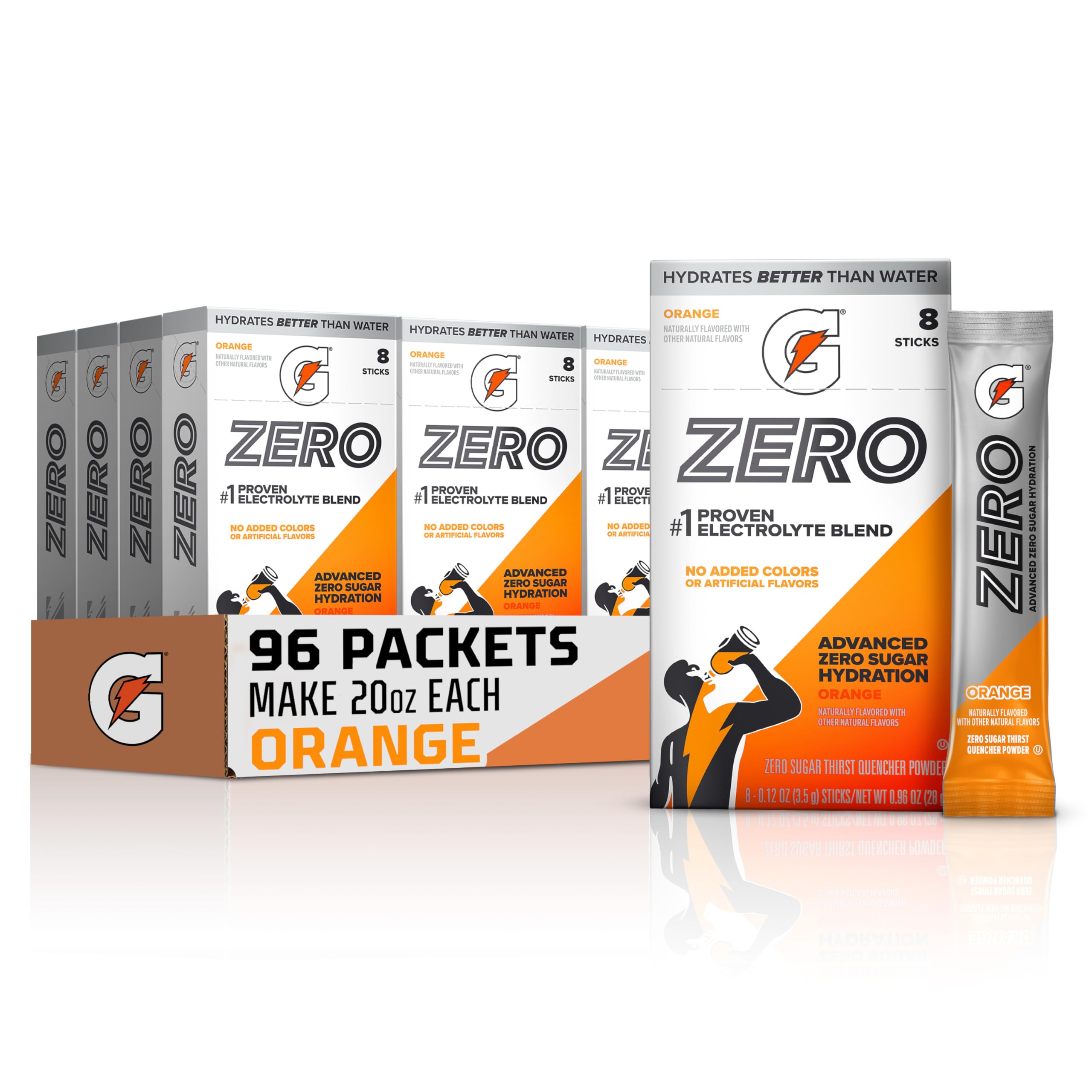 gatorade front packaging showing orange flavor and 96 sticks, easy hydration
