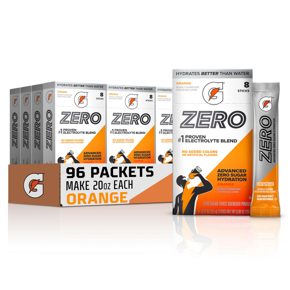 gatorade front packaging showing orange flavor and 96 sticks, easy hydration