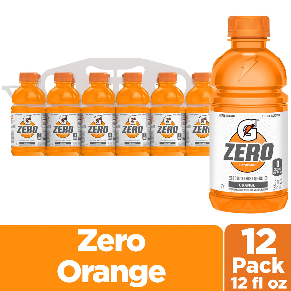 Close-up of Gatorade Zero Orange label highlighting sugar-free hydration