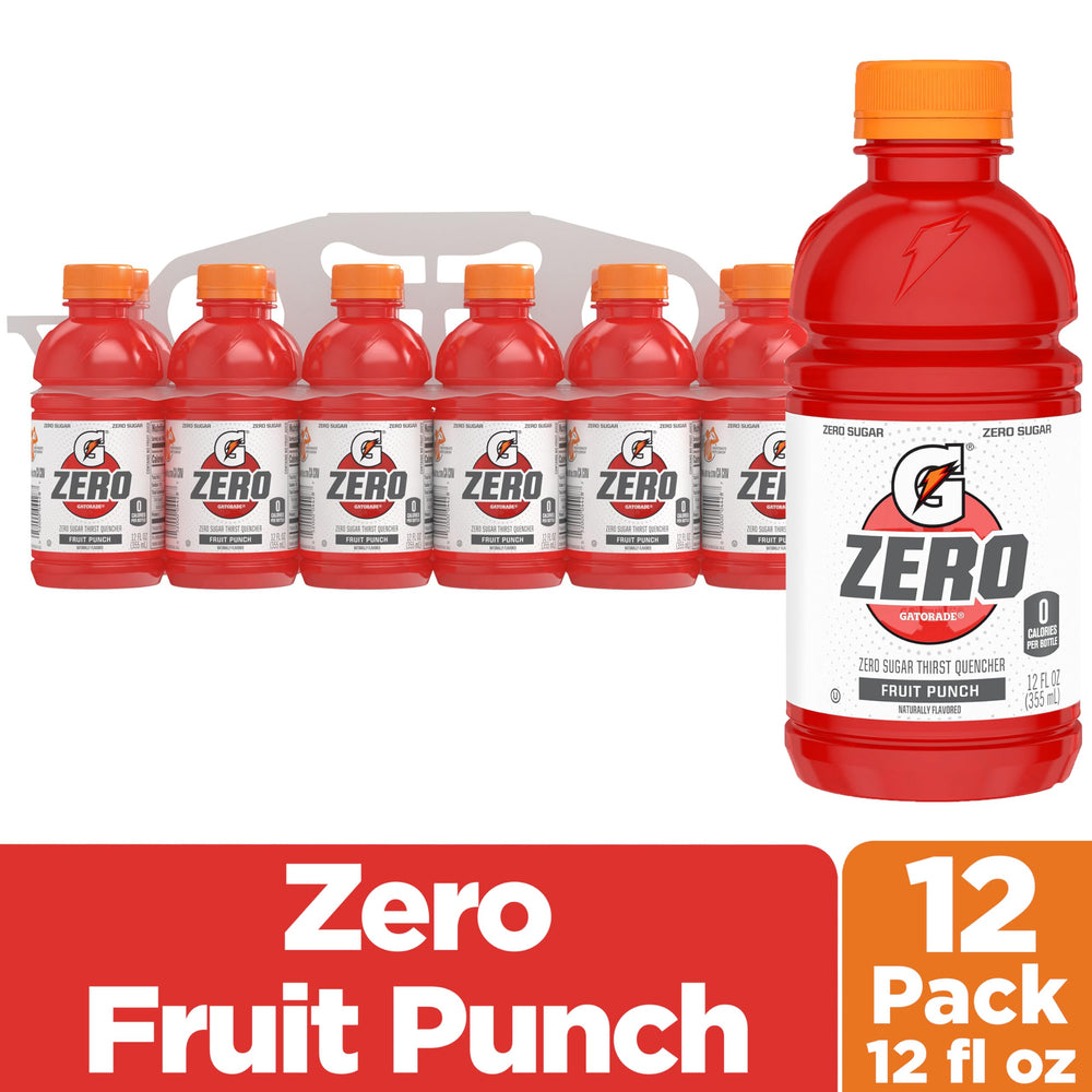 Gatorade Zero Sugar Fruit Punch bottle, ice-cold and refreshing during workouts.