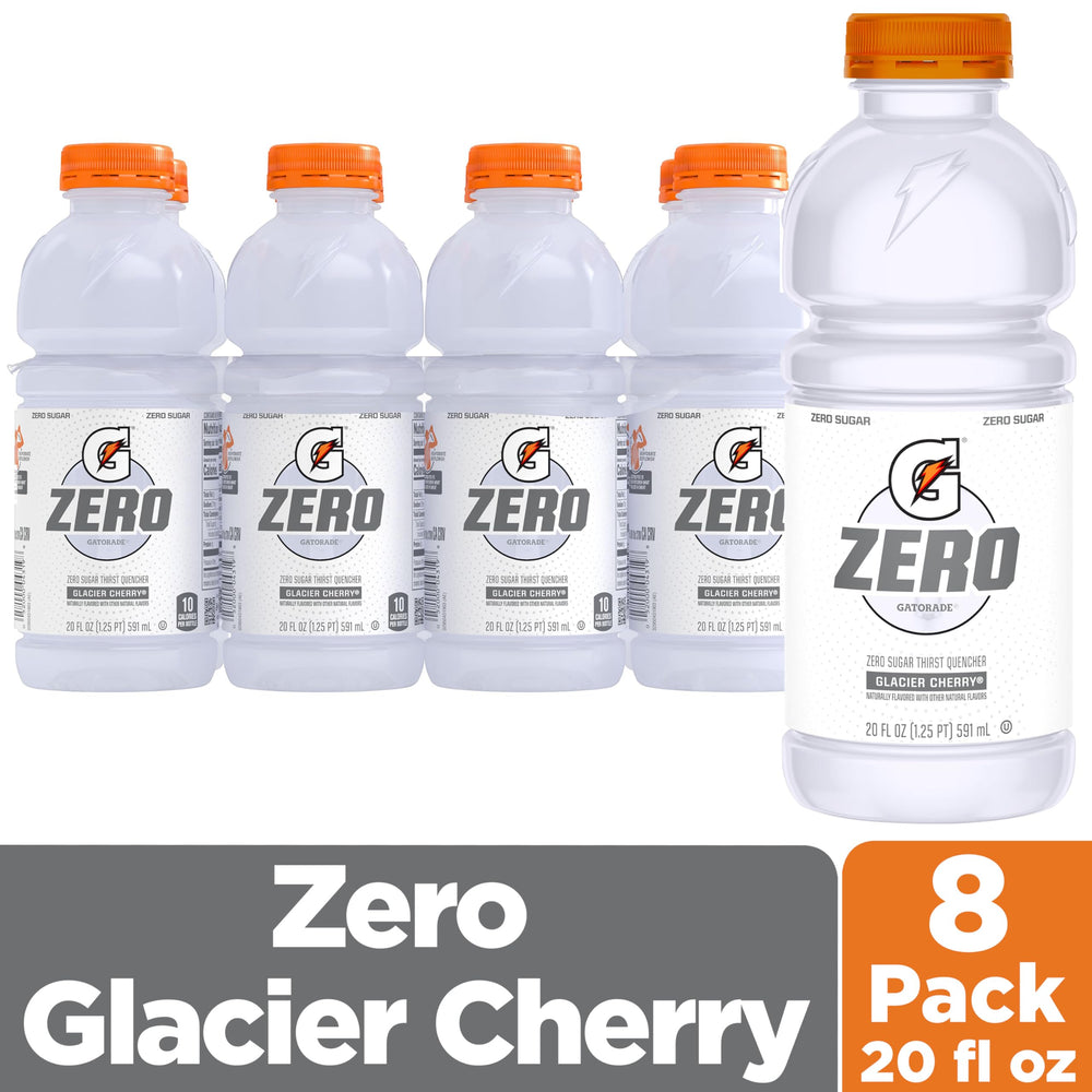 Gatorade Zero Sugar Glacier Cherry label close-up highlights zero sugar formula.