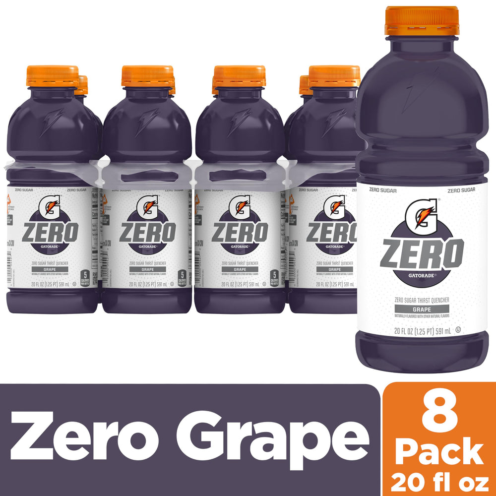 Close-up of Gatorade Zero Sugar Grape label highlighting electrolytes.