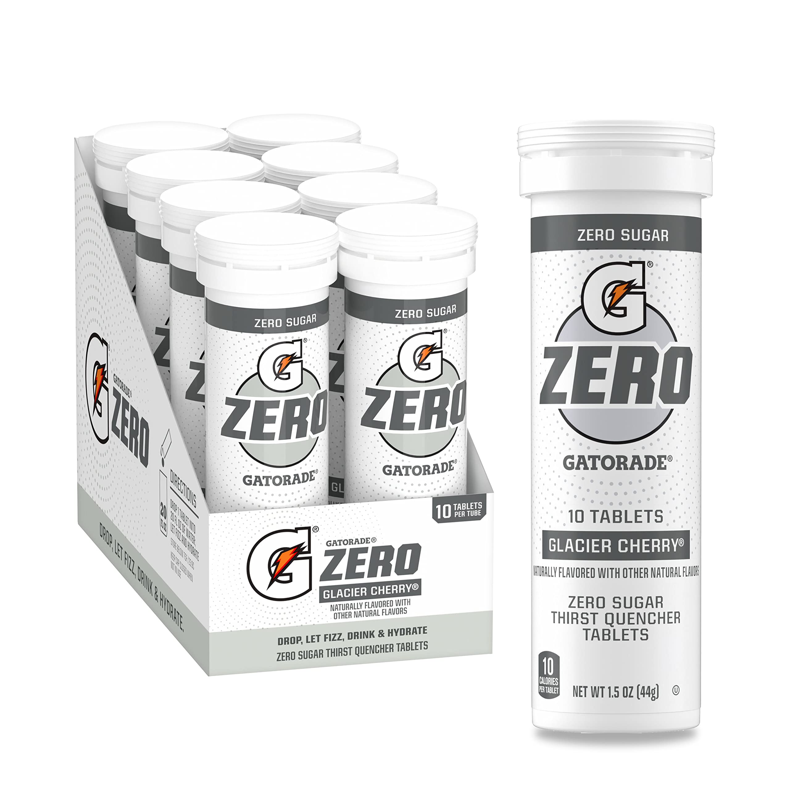 Gatorade Zero Glacier Cherry tablets tubes for on-the-go hydration.