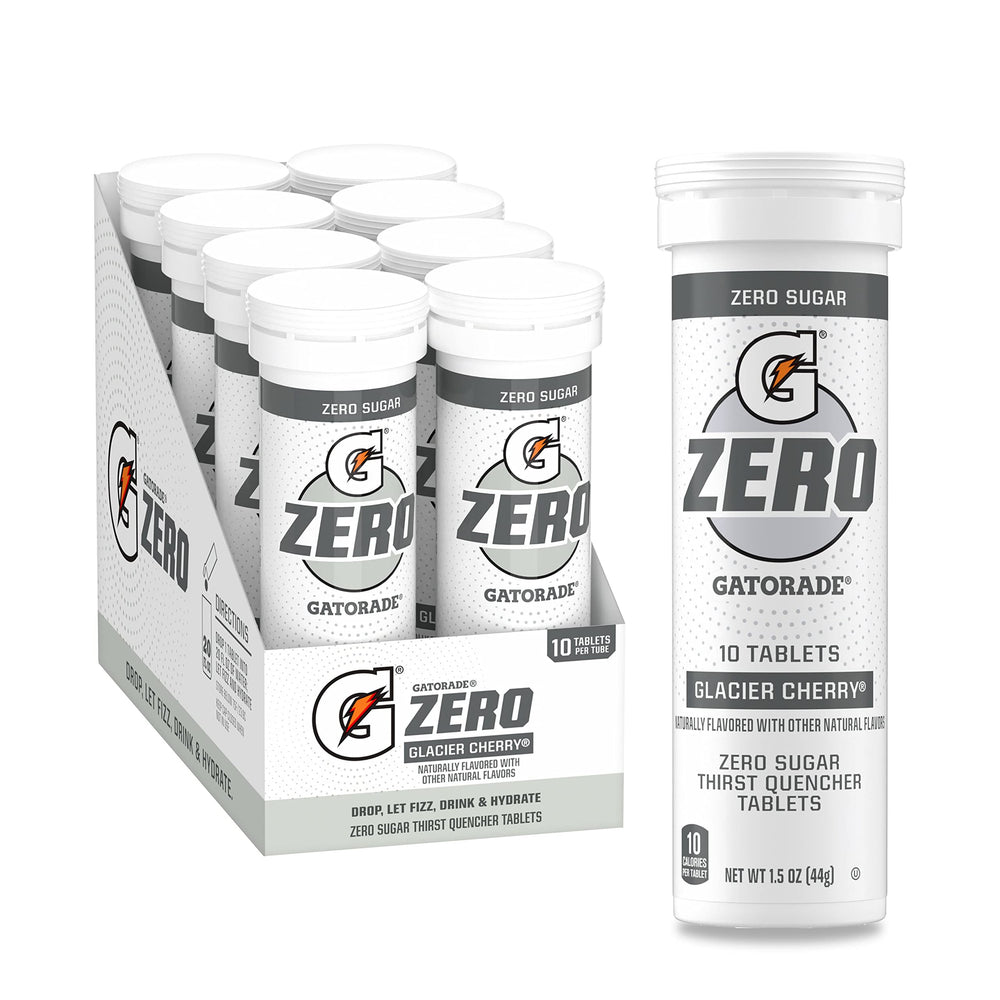 Gatorade Zero Glacier Cherry tablets tubes for on-the-go hydration.