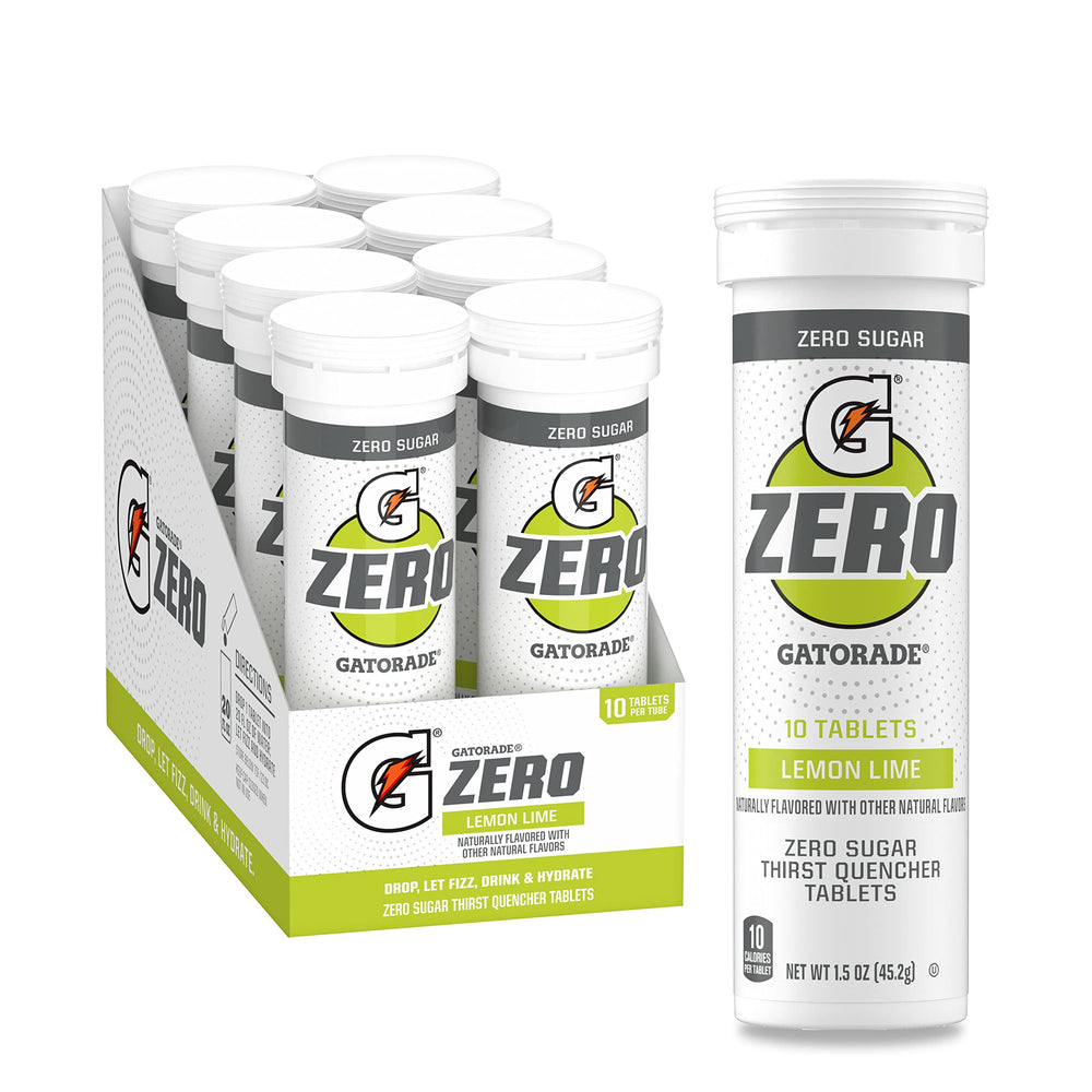 Gatorade Zero Lemon-Lime tablets in front of the pack for on-the-go hydration.