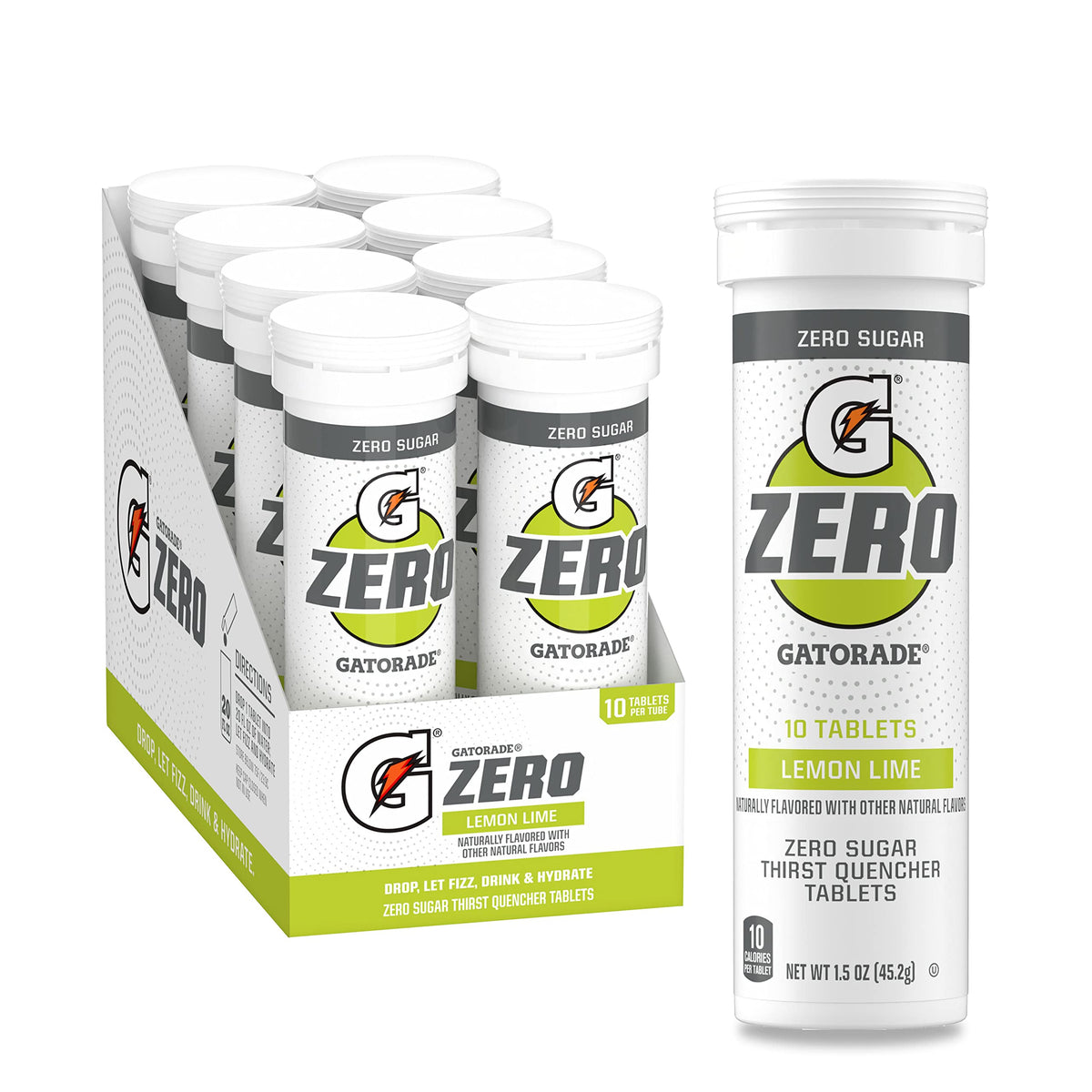 Gatorade Zero Lemon-Lime tablets in front of the pack for on-the-go hydration.